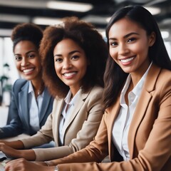 Happy multiethnic smiling business women working together in office.Ai generative