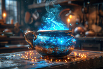 Magical blue glowing potion in wizards workshop - obrazy, fototapety, plakaty