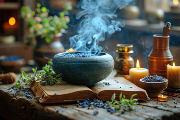 Smoking bowl of herbs sitting atop a magic spell book - obrazy, fototapety, plakaty