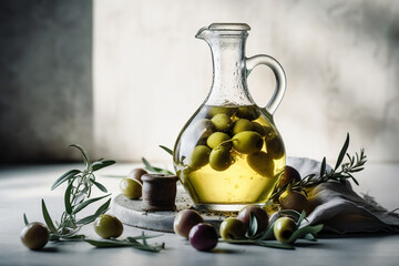 Olives, olive oil and leaves. Generative AI.