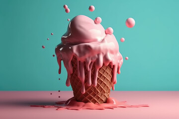 Artistic pink melting ice cream cone - obrazy, fototapety, plakaty