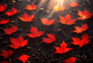 Maple leaves under the rays of the sun, red maple leaves. Generative AI.