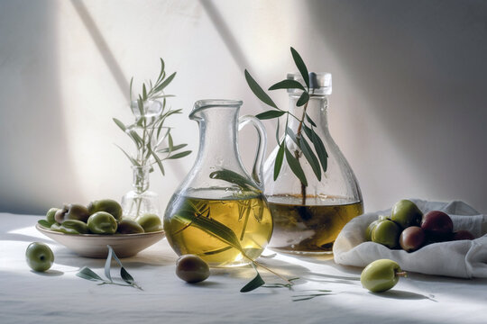 Olives, olive oil and leaves. Generative AI.