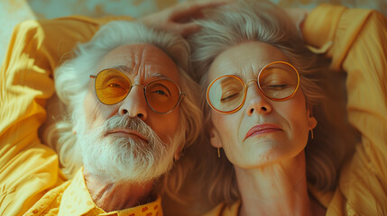 Senior couple in vibrant outfits and stylish glasses tell about lifetime filled with shared memories, love, and a zest for life. A Portrait of Enduring Love. Love that lasts forever.