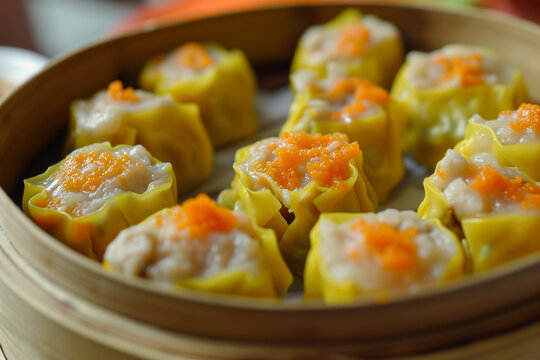 A close-up view of Chinese siu mai dim sum