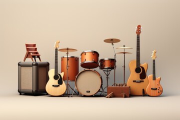 Musical instruments: guitar, drum, keyboard, tambourine. - obrazy, fototapety, plakaty