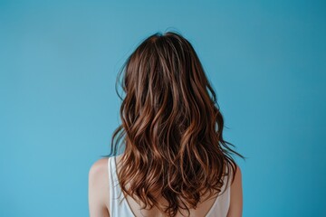 Rear view photo of woman's hairstyle over blue background. - obrazy, fototapety, plakaty