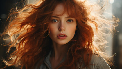 Fototapeta premium Young woman with long brown hair, looking at camera generated by AI