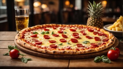 pizza de pepperoni con queso en un restaurante sobre una mesa - obrazy, fototapety, plakaty
