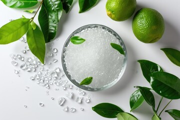 Citric Acid on White Background with Green Leaves - obrazy, fototapety, plakaty