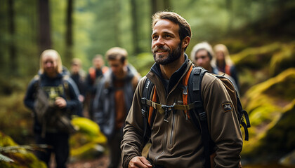 Group of men smiling, hiking in nature generated by AI