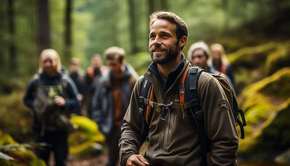 Tuinposter Group of men smiling, hiking in nature generated by AI © Jemastock