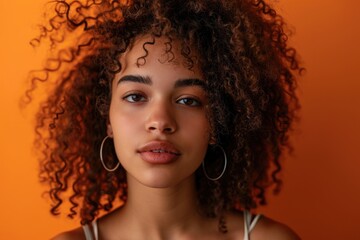 Confident woman with curly hair in orange studio background. - Powered by Adobe