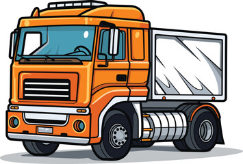 Orange cartoon dump truck with shadow on white background. Commercial vehicle vector illustration.