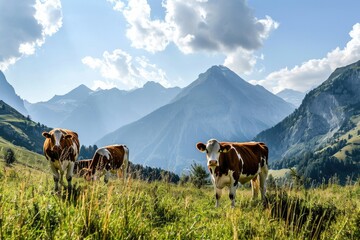 Cows grazing in Swiss alpine meadow. - obrazy, fototapety, plakaty