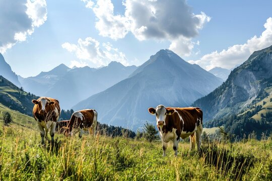Cows grazing in Swiss alpine meadow.