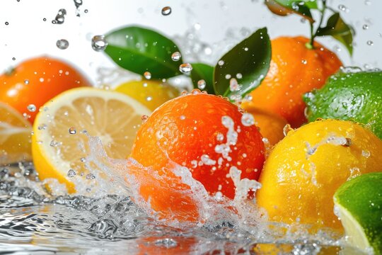 Fresh citrus fruits and splashing water on white background. © Vibu design gallery