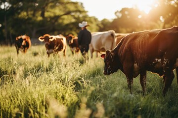 Cows and cattle farmer in Texas practicing sustainable farming. - obrazy, fototapety, plakaty