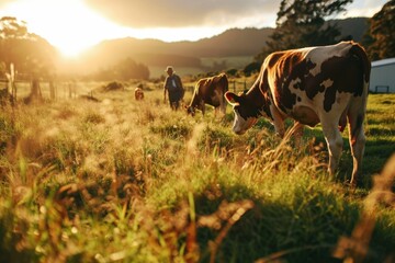 Sustainable farming in New Zealand with livestock and agriculture. - obrazy, fototapety, plakaty