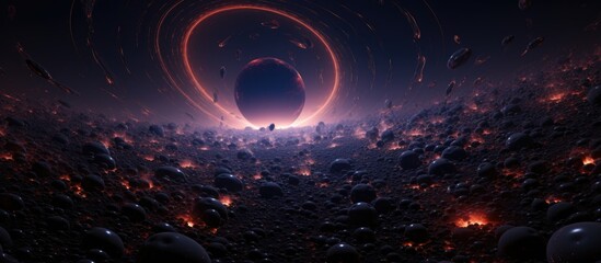 3D rendering of black hole distorts space, time, devours matter.