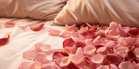 rose petals on a bed symbolizing the passion of valentine's day