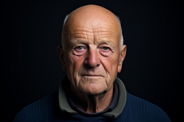 Portrait of an old man in a blue sweater on a dark background