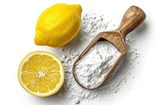 Lemon and citric acid on wooden spoon