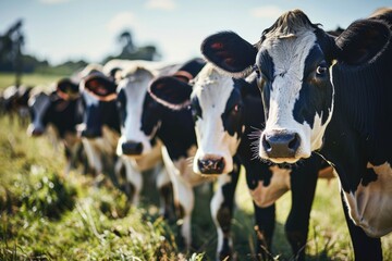 Joyful black and white cows in a panoramic field.