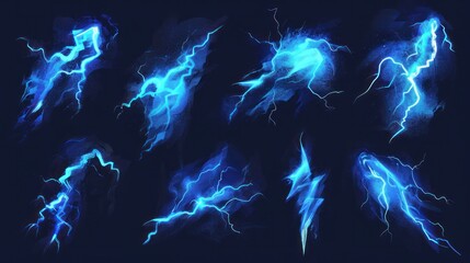 Cartoon lightning animation. Animated frames of electric strike, magic electricity hit and thunderbolt effect vector illustration set. Game asset collection of blue glowing storm bolts
