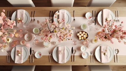 Pastel Easter table setup with eggs and spring flowers. Top view. Pink colors. Festive dinner - Powered by Adobe