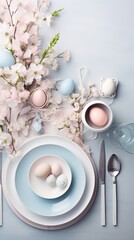 Top view of Easter dining table setting with plates, pastel eggs, flowers. Blue and pink colors. Ideal for lifestyle content and magazine spreads focused on seasonal celebrations and design. Vertical