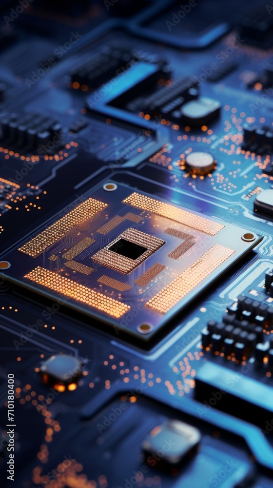 Poster detailed view of circuit board with multiple chips and glowing lights. useful for for tech industry 