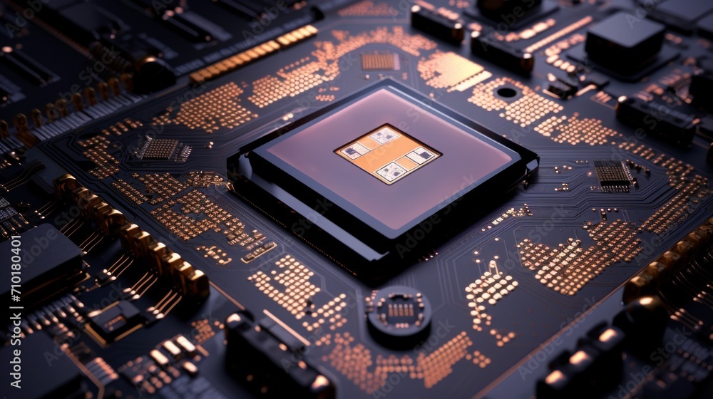Poster macro shot of an electronic circuit with illuminated pathways. computer chip, semiconductor, data ab