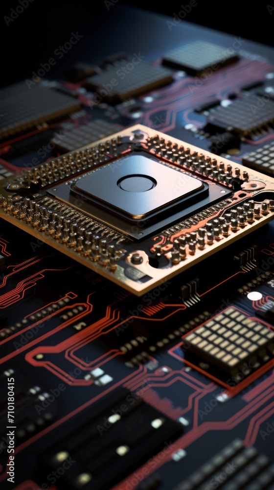 Poster detailed view of circuit board with multiple chips and glowing lights. useful for for tech industry 