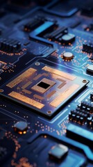 Detailed view of circuit board with multiple chips and glowing lights. Useful for for tech industry marketing and educational content. Vertical format