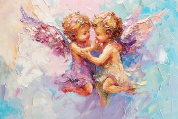 Ancient fresco. Two small angels with wings are depicted in an embrace, with textured brushstrokes. Illustration in the style of oil painting.