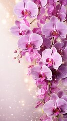 Fototapeta premium Purple pink orchids bouquet on light background with glitter and bokeh. Banner with copy space. Perfect for poster, greeting card, event invitation, promotion, advertising, elegant design. Vertical.