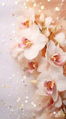 Peach white orchids bouquet on light background with glitter and bokeh. Banner with copy space. Perfect for poster, greeting card, event invitation, promotion, advertising, elegant design. Vertical.