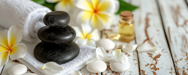 Advertising concept for a spa or massage parlor. Accessories for massage and relaxation. Snow-white fluffy towels, smooth stones, cosmetic oil, plumeria flowers on a wooden white rustic style table