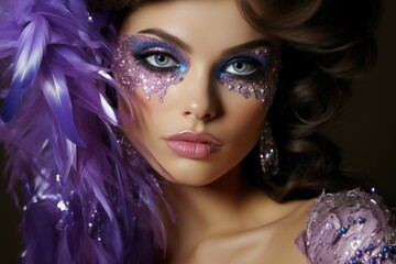 Young glamorous brunette with bright makeup in masquerade mask and purple sequin dress on a dark...
