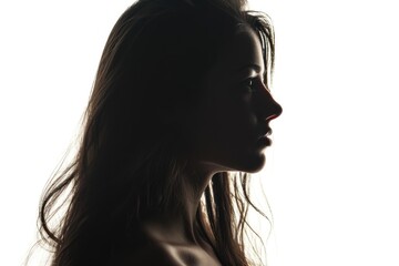 Beautiful young girl with long hair silhouette on white background.