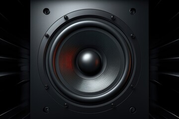 Close-up of sound speaker on dark background.