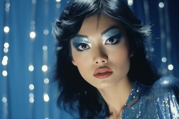Naklejka premium Asian woman with bright makeup in masquerade mask and blue sequin dress. Ideal for fashion, event promotions, or luxury content. Concept for masquerade, holiday and corporate party. Retro style 80s