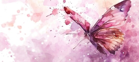 Watercolor illustration of butterfly on vibrant pink background. Banner with copy space. The concept of delicate beauty of nature.