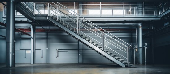 Galvanized metal emergency staircase in the building. - obrazy, fototapety, plakaty