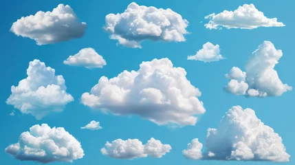 Fotobehang 3d cloud. White cartoon fluffy clouds in bubble shape in blue sky, summer rounded cumulus icons. Weather forecast realistic symbols vector set. Outdoor nature, spring weather cloudscape © Orxan