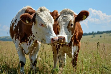 Cows playing and cuddling in a field under blue sky - obrazy, fototapety, plakaty
