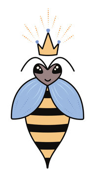 Cute bee queen with a crown, honeybee mother vector illustration in dark brown, yellow and blue colors