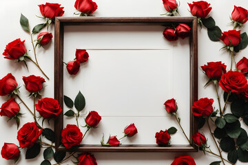 A romantic minimal concept photo created with red roses and wooden frame