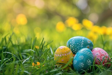 Colorful Easter Eggs Nestled in Spring Grass, Easter Celebration Concept